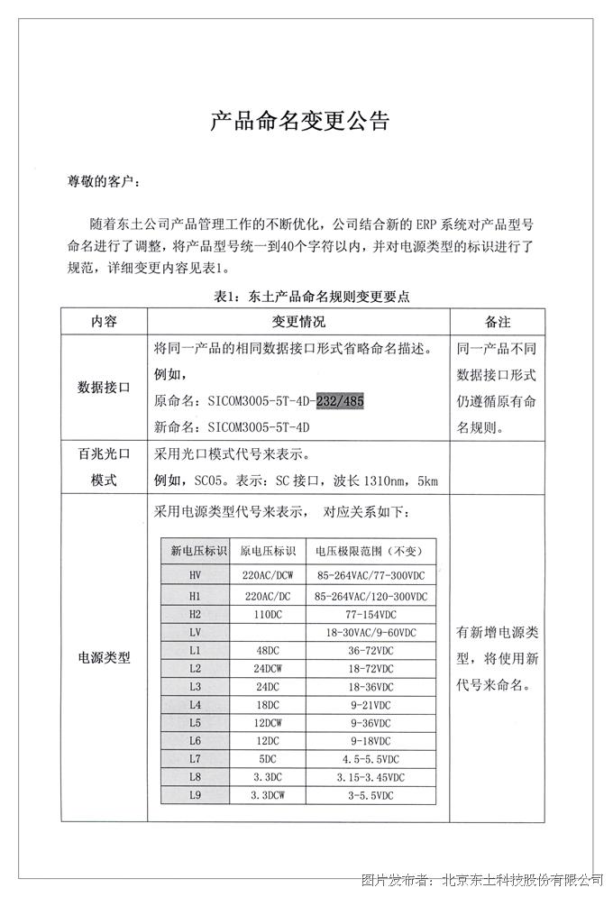 东土产品命名变更公告