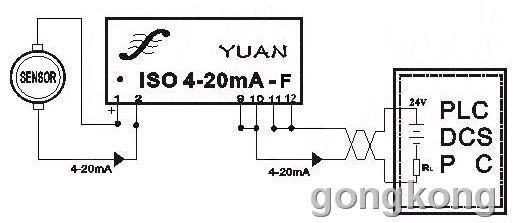 三、两线制4-20mA信号隔离变送器:ISO 1003 两线制4-20mA信号隔离变送器(ISO 1003)是单片两线制隔离接口芯片,该芯片内部包含有一个电流信号调制电路,光电耦合隔离变换电路及解调电路。 该芯片有4-20mA的供电电压范围宽(16.5V-36V),输入等效电阻小,线性度高等特点。该芯片可提供5V/3.